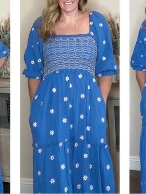 Amazon Blue Floral Smocked Maxi Dress with Puff Sleeves
